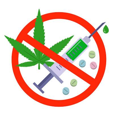 Clipart of red circle with line through it over top of a marijuana leaf, syringe/needle and pills